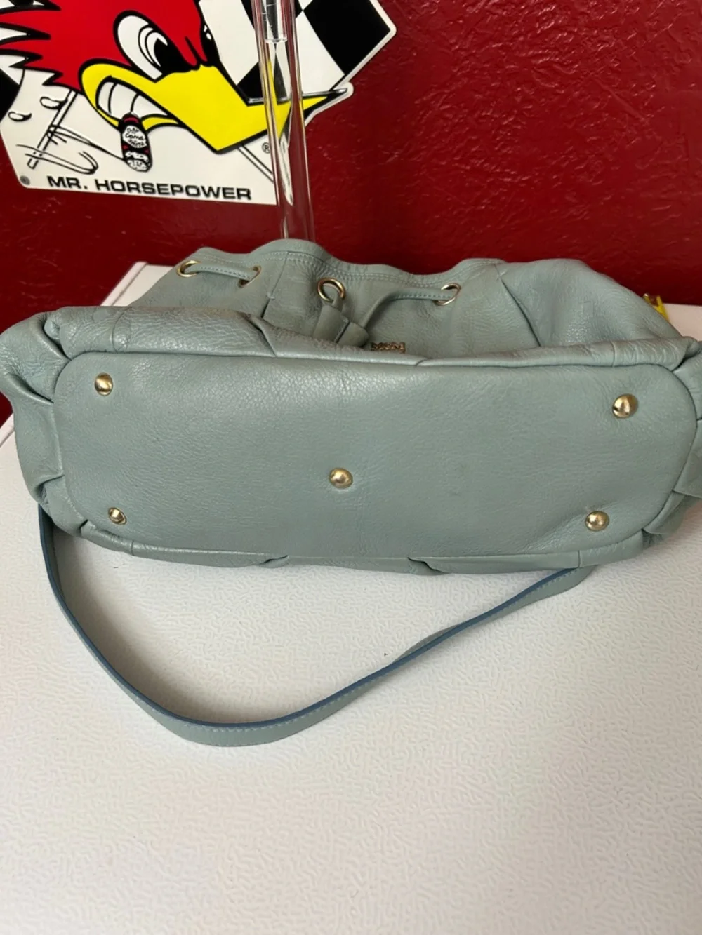 MCM Pale Blue Pebbled Leather Drawstring Hobo Bag - Picture 13 of 15